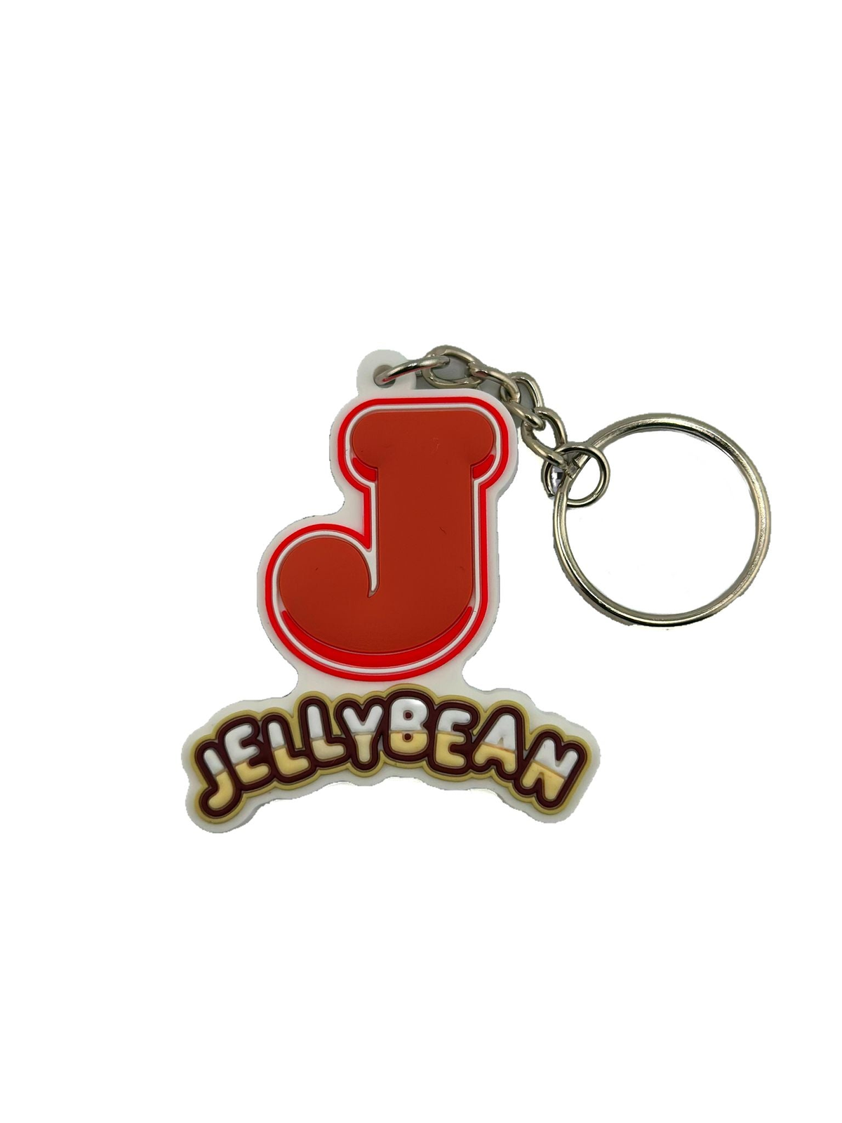 a keychain with the letter J and the word jellybean under it