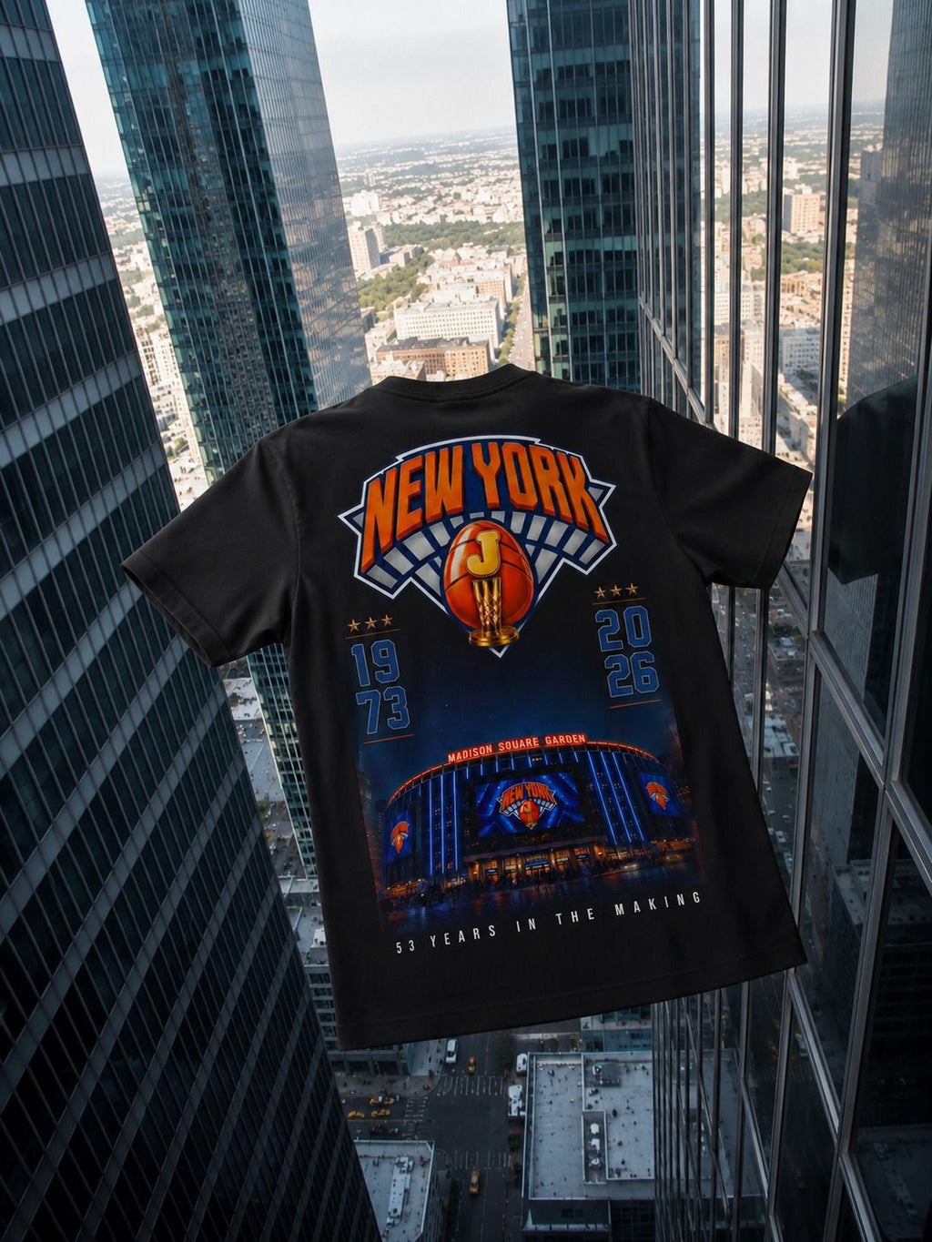 Black t-shirt with New York basketball design hanging between skyscrapers with a cityscape background